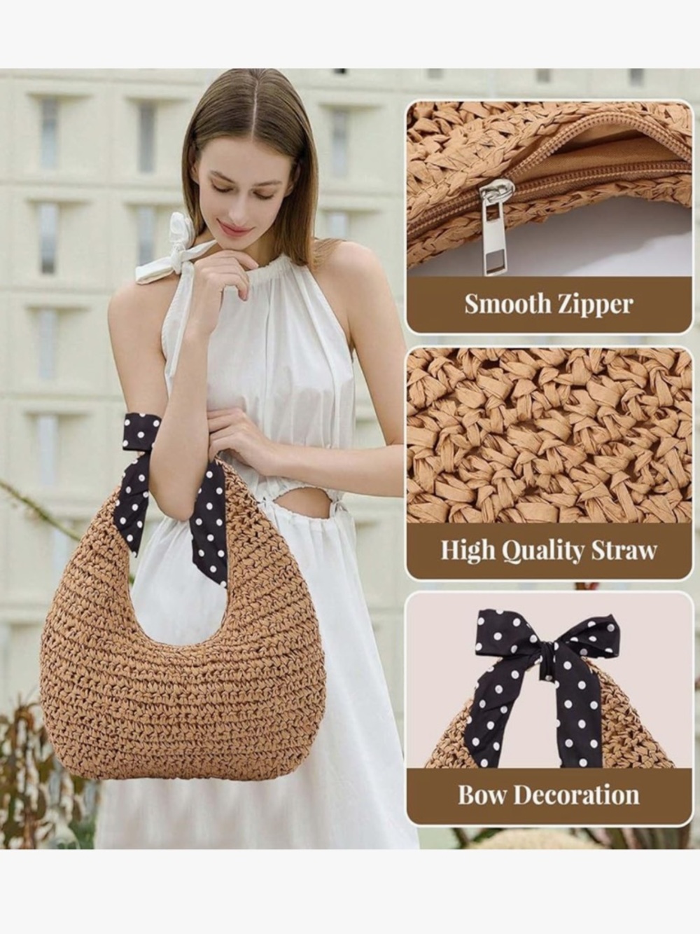 Straw Bag for Women, Summer Beach Tote Purse with Zipper, Raffia Woven Bag - Picture 4 of 7